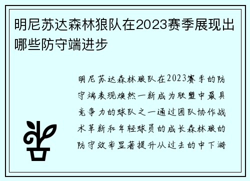 明尼苏达森林狼队在2023赛季展现出哪些防守端进步